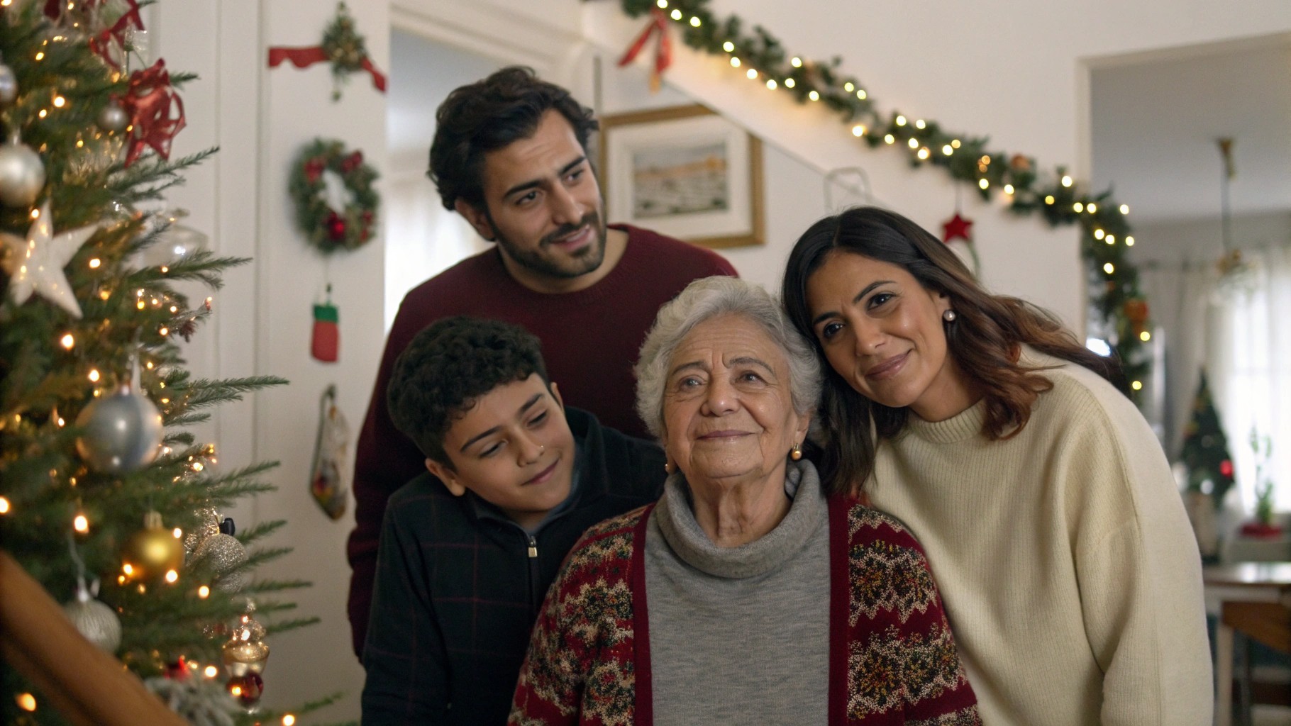 Família no interior de casa com um idosa a comemorar o natal