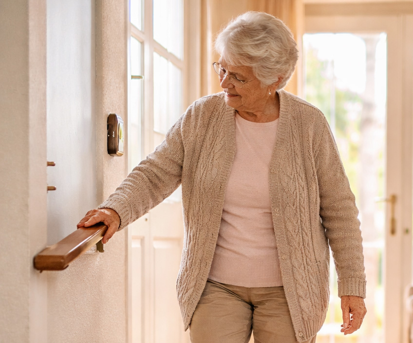 Pessoa idosa a caminhar em casa com apoio no corrimão, demonstrando segurança e autonomia durante o inverno.
