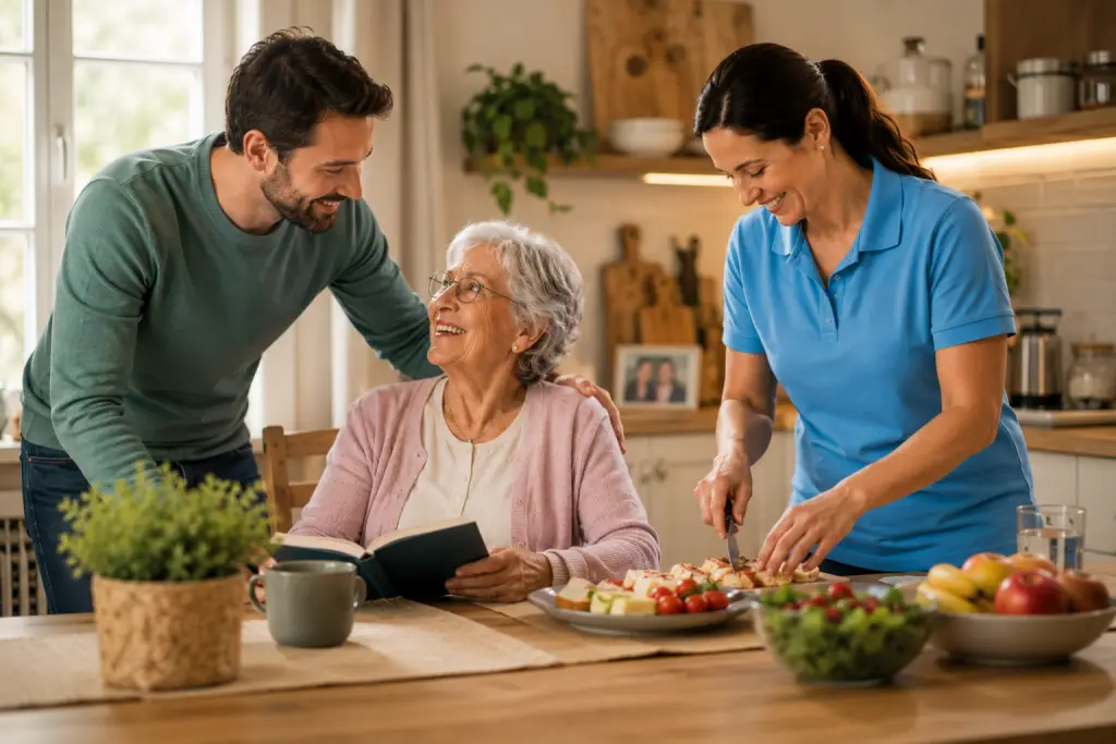 Família e pessoa idosa em ambiente domiciliário com apoio cuidador da Comfort Keepers Portugal.