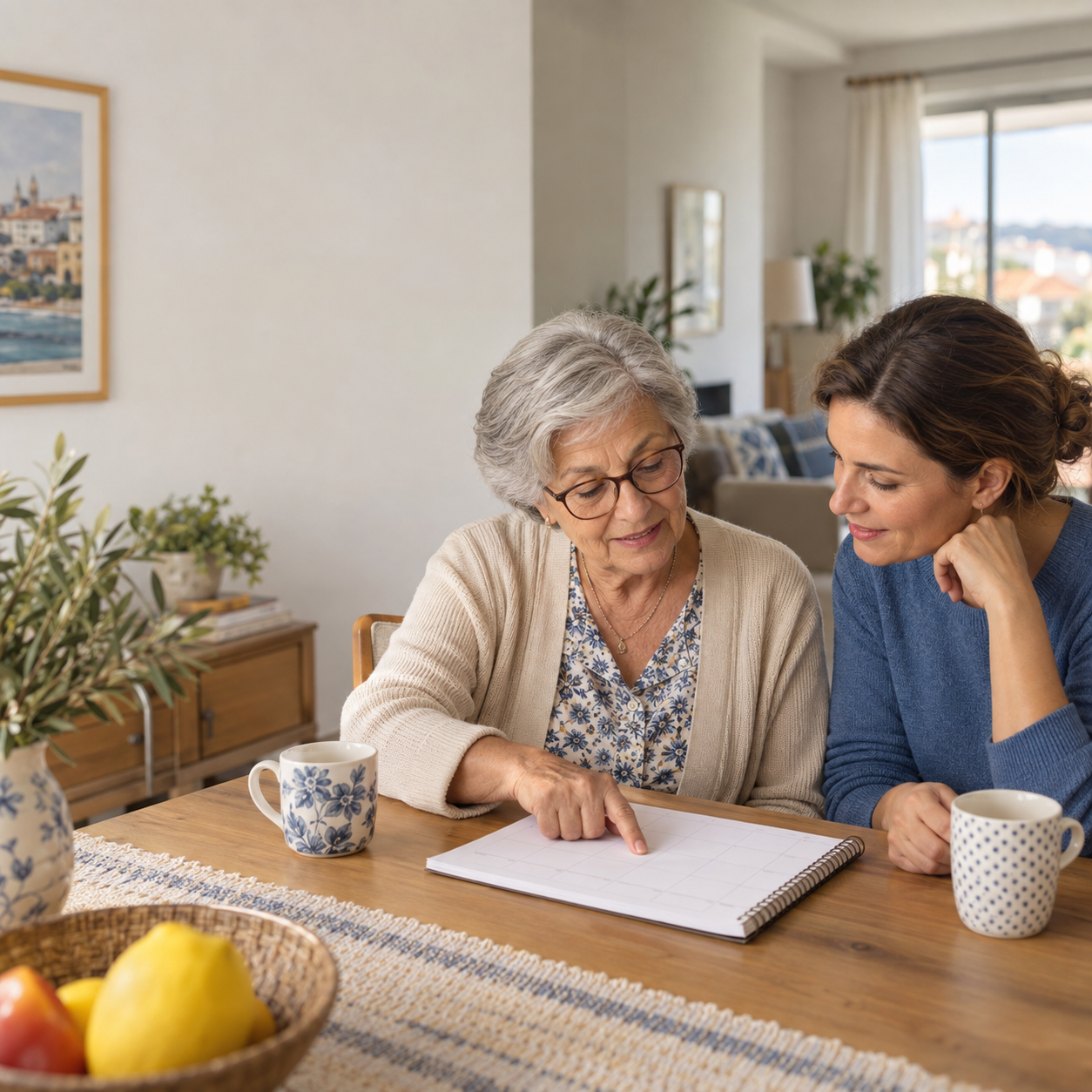 Mulher idosa e cuidadora conversam à mesa sobre o planeamento da rotina. A mulher idosa aponta para um calendário e participa ativamente nas decisões.